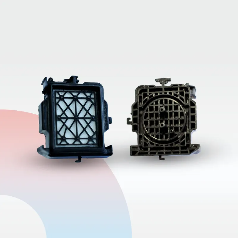 صورة توضح الواجهة الأمامية والخلفية لكوب تشفيط (Capping Station) لرؤوس طباعة DX5-T من متجر سارع، صُمم بمواد مقاومة للمذيبات لضمان حماية رؤوس الطباعة من الجفاف وتنظيفها بكفاءة عالية.