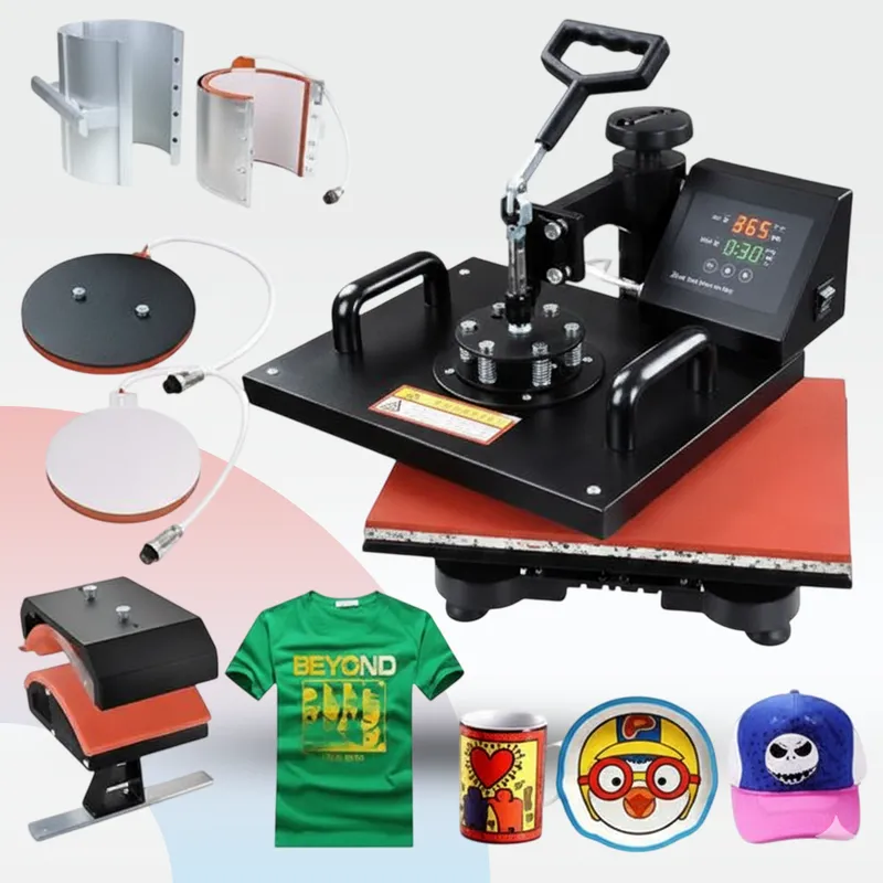 مكبس حراري متكامل 4 في 1 يظهر مع ملحقات الطباعة على التيشرتات والأكواب والقبعات والأطباق بتصميم أسود عصري وشاشة تحكم رقمية