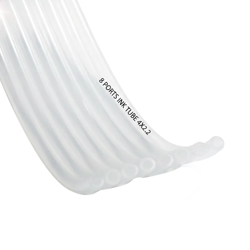 أنبوب حبر بلاستيكي شفاف عالي الجودة مكون من 8 منافذ مخصص لطابعات الإيكوسلفنت وسكاي كلر بمقاس 4 × 2.2 ملم، يتميز بمرونة عالية ومقاومة للتآكل الكيميائي لضمان تدفق الحبر بكفاءة.